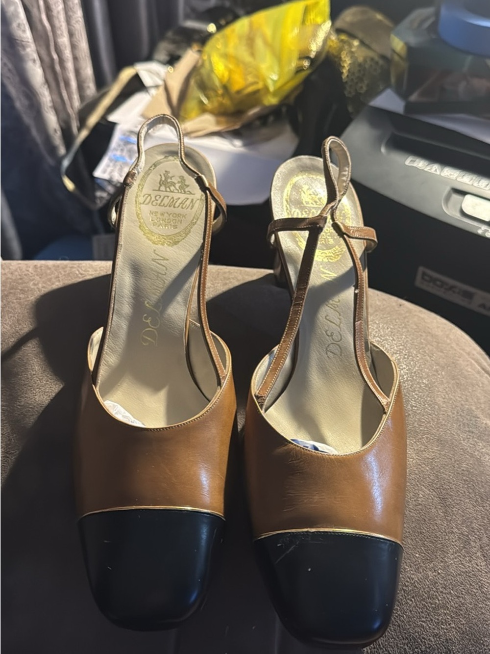 Delman Brown and Black Cap-Toe Slingback Heels